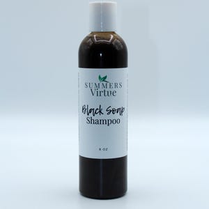 May include: A brown bottle of Summers Virtue Black Soap Shampoo, labelled with the brand name and product name. The bottle is 8 oz.