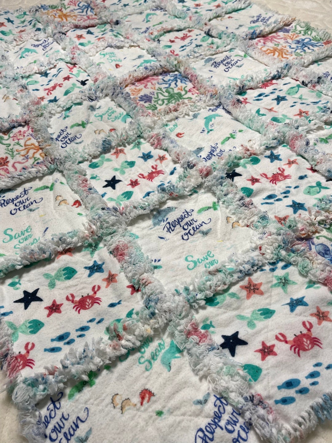 Loop Rag Rug Sea Ocean Baby Quilt / Save Our Seas Rag Quilt / Protect Our Ocean Baby Rag ...