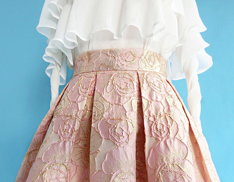 Custom LengthSize Available Pink /& Gold Rose Jacquard Box Pleat Midi Skirt with Pockets