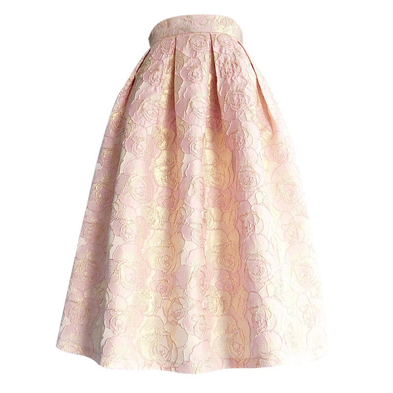 Custom LengthSize Available Pink /& Gold Rose Jacquard Box Pleat Midi Skirt with Pockets