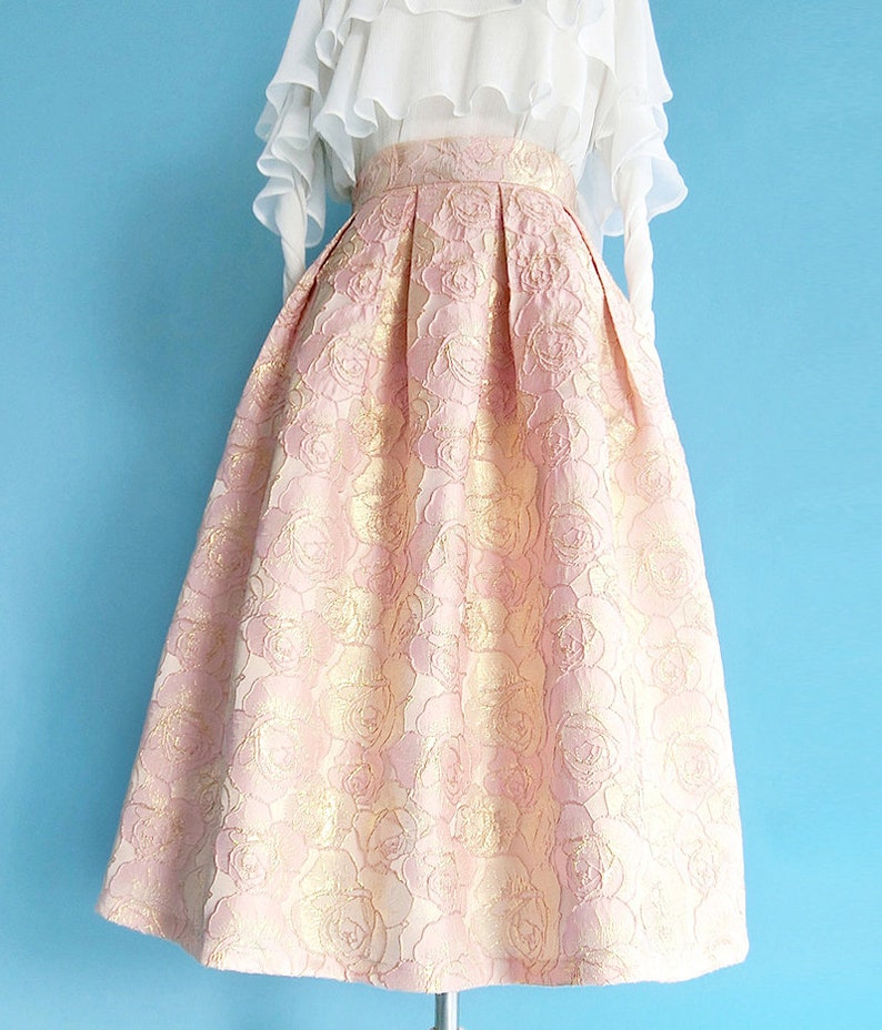Custom LengthSize Available Pink /& Gold Rose Jacquard Box Pleat Midi Skirt with Pockets