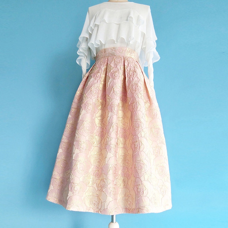 Custom LengthSize Available Pink /& Gold Rose Jacquard Box Pleat Midi Skirt with Pockets