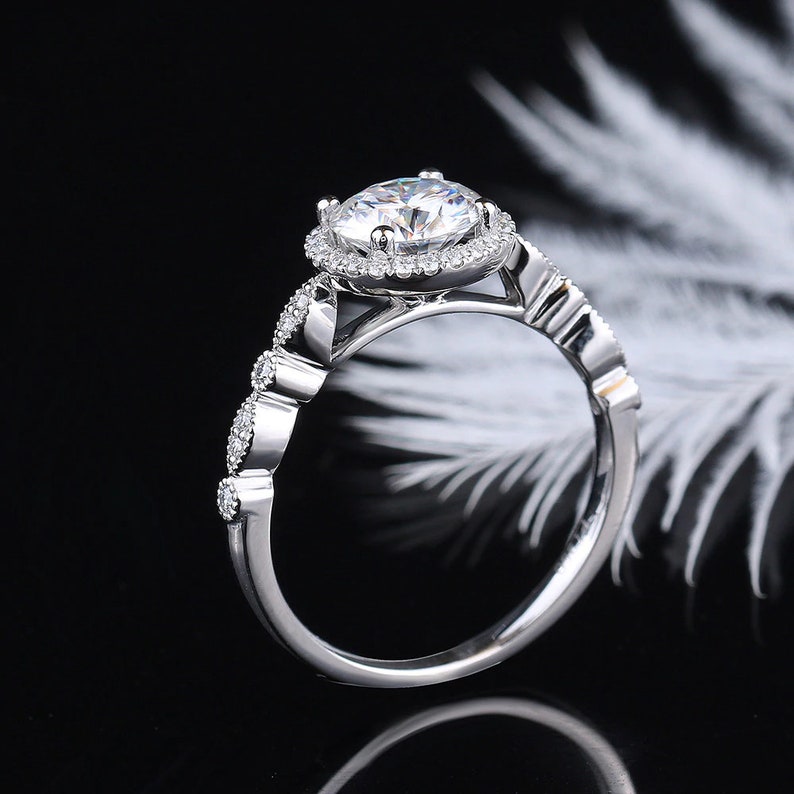 Round Moissanite engagement ring rose gold art deco engagement ring vintage Round Diamond Moissanite ring Anniversary gift for women