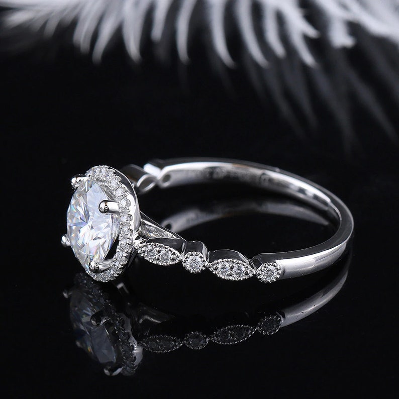 Round Moissanite engagement ring rose gold art deco engagement ring vintage Round Diamond Moissanite ring Anniversary gift for women