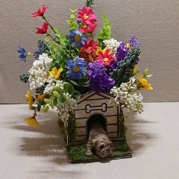 Dog house flower arrangement