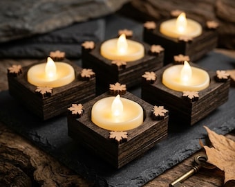 Set of 5 Miniature Square LED Tea Light Holders, 2.75" Autumn Maple Leaf Wood Candle Holders, Dark Cottagecore Gothic Home Decor