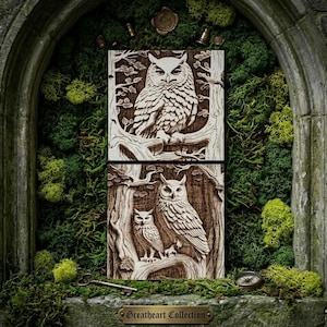 May include: Two wooden panels with carved owl designs. The top panel features a single owl perched on a tree branch, while the bottom panel shows a pair of owls. The panels are set against a backdrop of green moss and stone.