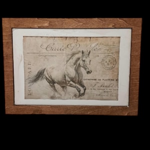 Decoupage vintage style running horse in wood frame.