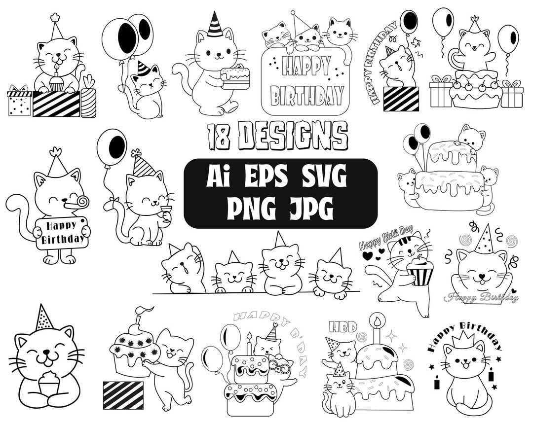 Birthday Celebrating Cats Outline SVG, Cute Cat Vector, Birthday Cats ...