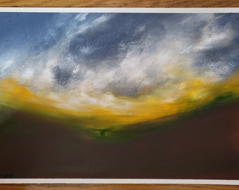 May include: Abstract painting of a landscape with a yellow and green horizon and a blue sky with white clouds.