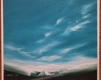May include: Abstract painting of a landscape with a blue sky and white clouds. The sky is painted in a light blue color with white clouds that are streaked across the sky. The bottom of the painting is a dark green and brown color.