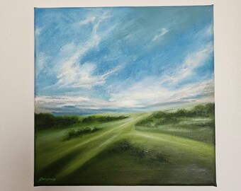 May include: A painting of a green field with two roads leading to a horizon with a blue sky and white clouds.