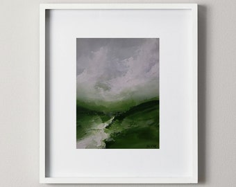 Abstract oil painting of forest and lake small painting in  green colours modern painting contemporary art, 5" x 6.4"