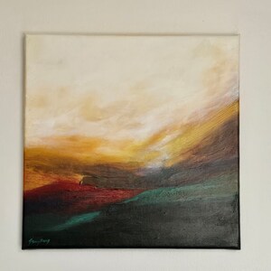 May include: Abstract landscape painting with a warm color palette. The painting features shades of brown, red, yellow, and green. The sky is a light yellow with white clouds. The bottom of the painting is a dark green with a red and brown stripe.