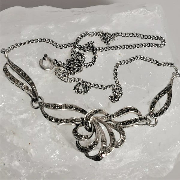 0111-Collar de gargantilla de plumas de pavo real de marcasita en plata de ley 925, década de 1940, collar de diseñador vintage