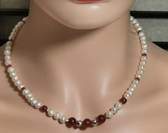 0043-Precious freshwater 925 sterling silver pearl necklace with genuine ruby pearls, handmade with silver clasp, length: 47 cm