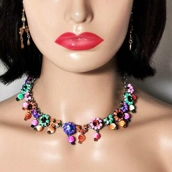 0156-OTAZU fashion jewelry set with necklace and bracelet, colorful flowers and Swarovski stones