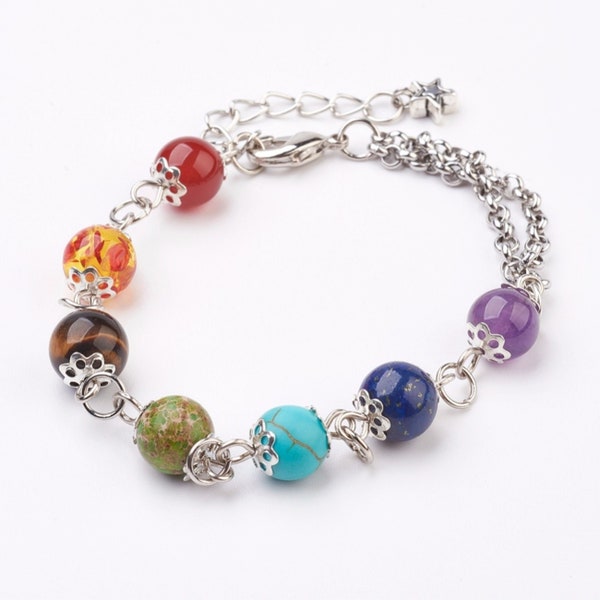 Natürliche und synthetische Mischsteinarmbänder, mit Messing-Befund, Chakras-Stil, 7-1/2 Zoll / 19 cm Lang