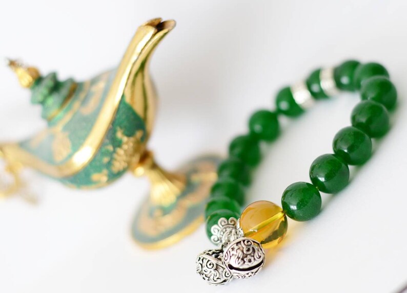 Beaded bracelet green chalcedony natural crystal with bells
