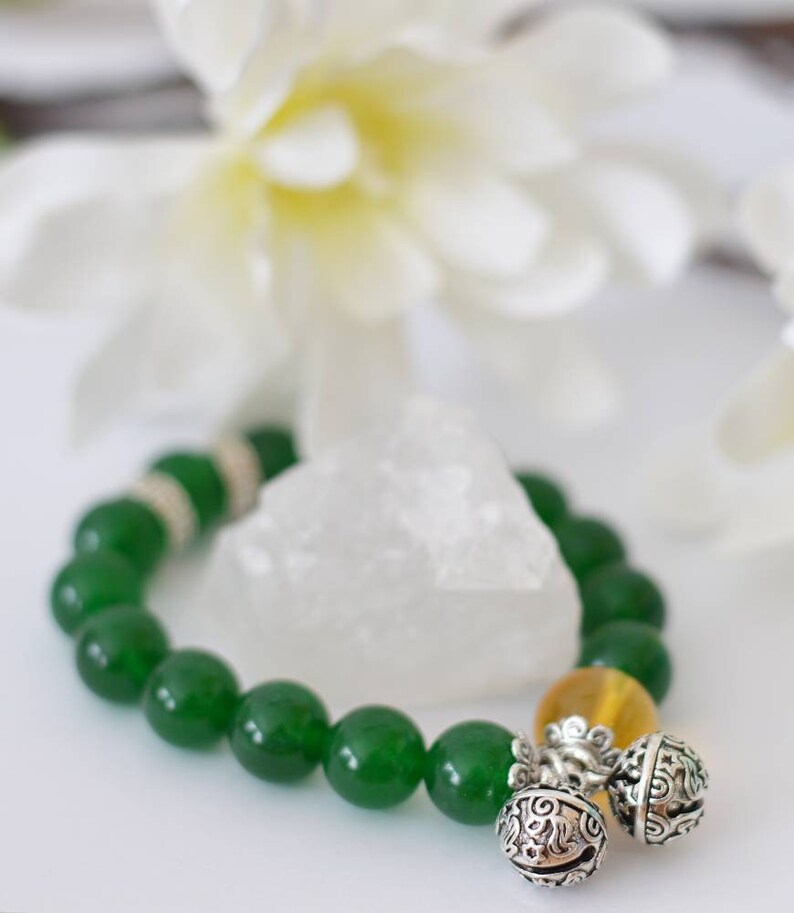 Beaded bracelet green chalcedony natural crystal with bells