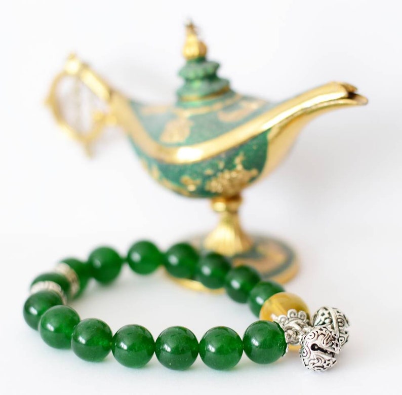 Beaded bracelet green chalcedony natural crystal with bells