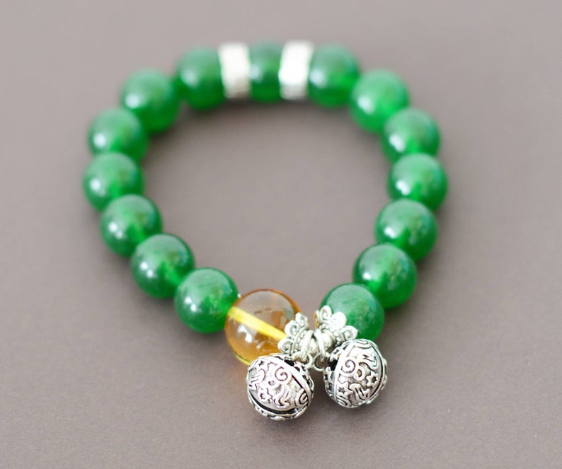 Beaded bracelet green chalcedony natural crystal with bells