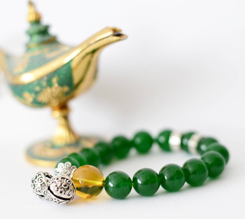 Beaded bracelet green chalcedony natural crystal with bells