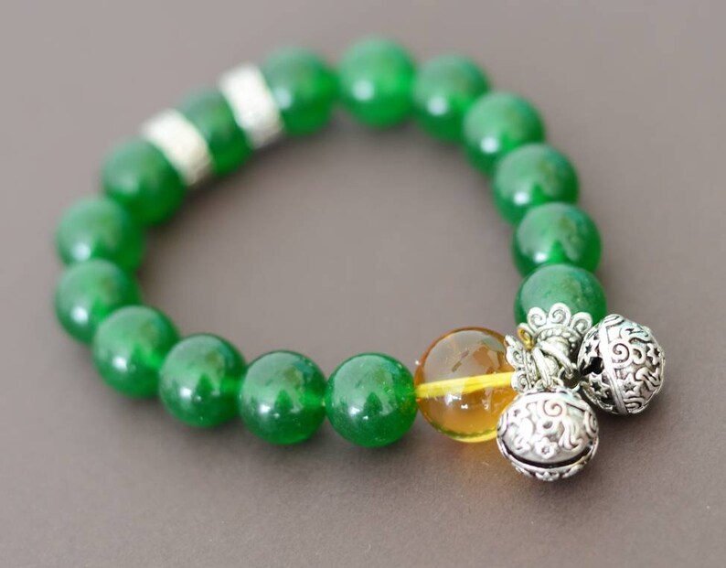 Beaded bracelet green chalcedony natural crystal with bells