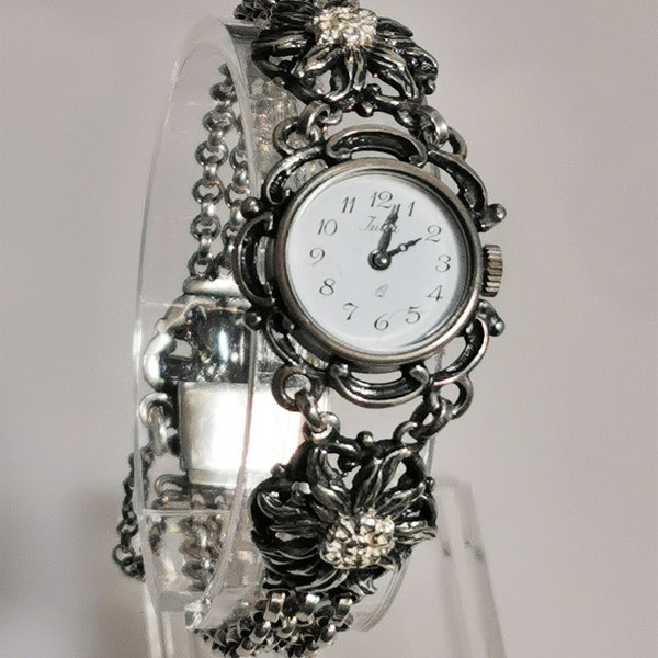 0146-Maravilloso reloj de disfraz / reloj de disfraz fabricado en plata 925 con motivo de edelweiss, antiguo alrededor de 1950 - 1960, 19 cm de largo