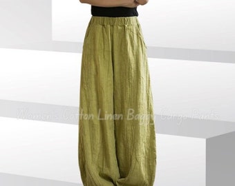 Women's Casual Distressed Cotton Linen Wide Leg Baggy Pants Elastic Waist Relax Fit Lantern Trouser Gift for Her Full-Length Harem Pants