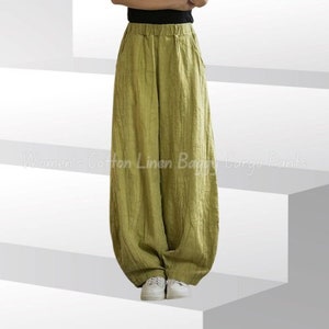 Women's Casual Distressed Cotton Linen Wide Leg Baggy Pants Elastic Waist Relax Fit Lantern Trouser Gift for Her Full-Length Harem Pants