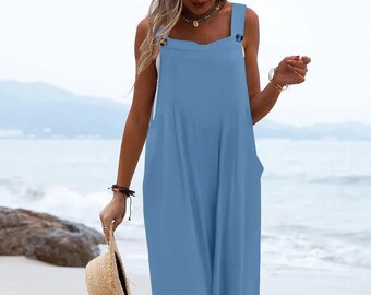 Vrouwen rompertjes katoen linnen losse jumpsuit voor haar mode casual effen kleur wijde pijpen knop riem romper vakantie strand overall