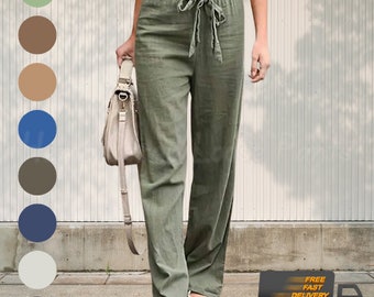 Women Wide Leg Pant Customized Plus Size Pants Elastic Waist Cotton Pants Summer Soft Casual Loose Trousers Linen Spring Trouser Hemp Strap