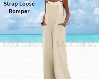 Damen-Strampler aus Baumwolle und Leinen, lockerer Overall für Sie, lässige einfarbige Hose mit weitem Bein, Strampler mit Knopfleiste, Urlaubs-Strand-Overall