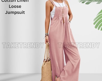 Women Casual Solid Color Wide Leg Pants Adjustable Strap Romper Cotton Linen Loose Jumpsuit for Her Fashion Holiday Beach Bib Overalls