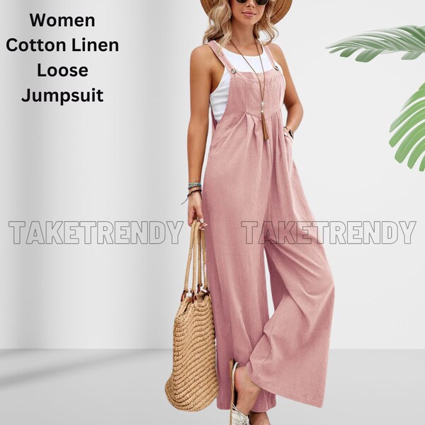 Frauen Casual Solid Color Breites Bein Hosen Verstellbarer Riemen Strampler Baumwolle Leinen Lose Overall für Sie Mode Urlaub Strand Latz Overall