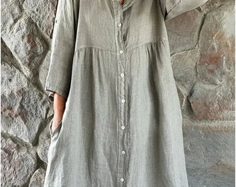 Women Spring Cotton Long Sleeve Linen Shirt Maternity Handmade Linen Dress with Buttons New Style Solid Beach Party Midi Dress-Taketrendy