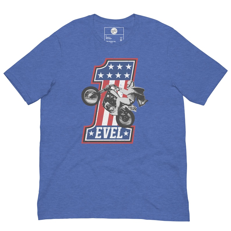 Evel Knievel-Join Our Team #1 Men's Motorcycle Tee in Heather Royal Blue Available in Sizes Small - 4XL