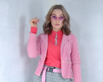 Vintage 90's shearling short retro bright pastel fitting blazer in barbie pink