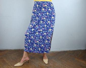 Vintage 90's Bright Blue Abstract Flower Maxi Party Beach Light Festival Indie Skirts