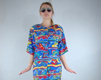 Vintage 90's Bright Abstract Slip Pride Oversized Long Festival Baggy Blouse Shirt