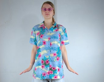 Vintage Y2K Light Blue Summer Festival Baggy Hawaii Abstract Funky Flower Long Shirt Blouse