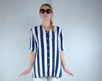 vintage 90's Light White Blue Stripped Baggy Oversize Beach Long Glam Casual Suit Festival Summer Shirt Blouse