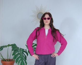 Vintage 90's Christmas knitted 1/4 zipper baggy pullover jumper in bright hot pink