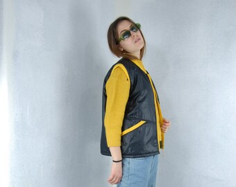 Vintage Y2K Black Yellow Puffer Ski Fluffy Light Baggy School Rave Jacket Gilet Vest / UNISEX