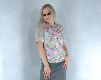Vintage 90's Pastel Green Pink Abstract Festival Slip Party Glam Suit  Blouse Shirt