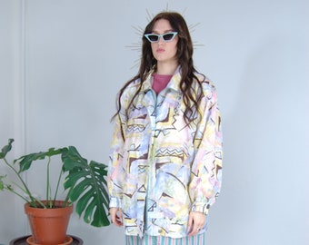 Vintage 90's slip abstract baggy unisex ski long coat jacket in pastel multicoloured colors