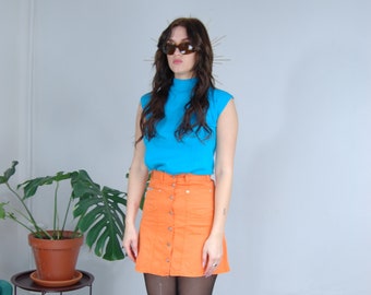 Vintage y2k bright denim mini rave party button jeans bell skirts in neon orange