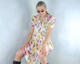 Vintage 80's Light Baggy Beach Oversized White Flower Pink Yellow Festival Summer Dress