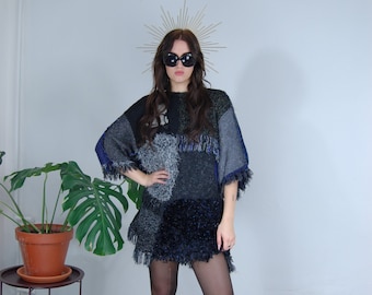 Vintage y2k rave dark shine warm new year jumper mini dress in silver blue grey black